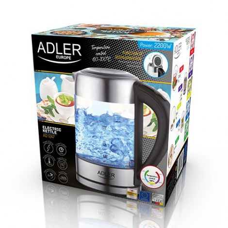 Adler | Kettle | AD 1247 NEW | With electronic control | 1850 - 2200 W | 1.7 L | Stainless steel, glass | 360° rotational base | - 2